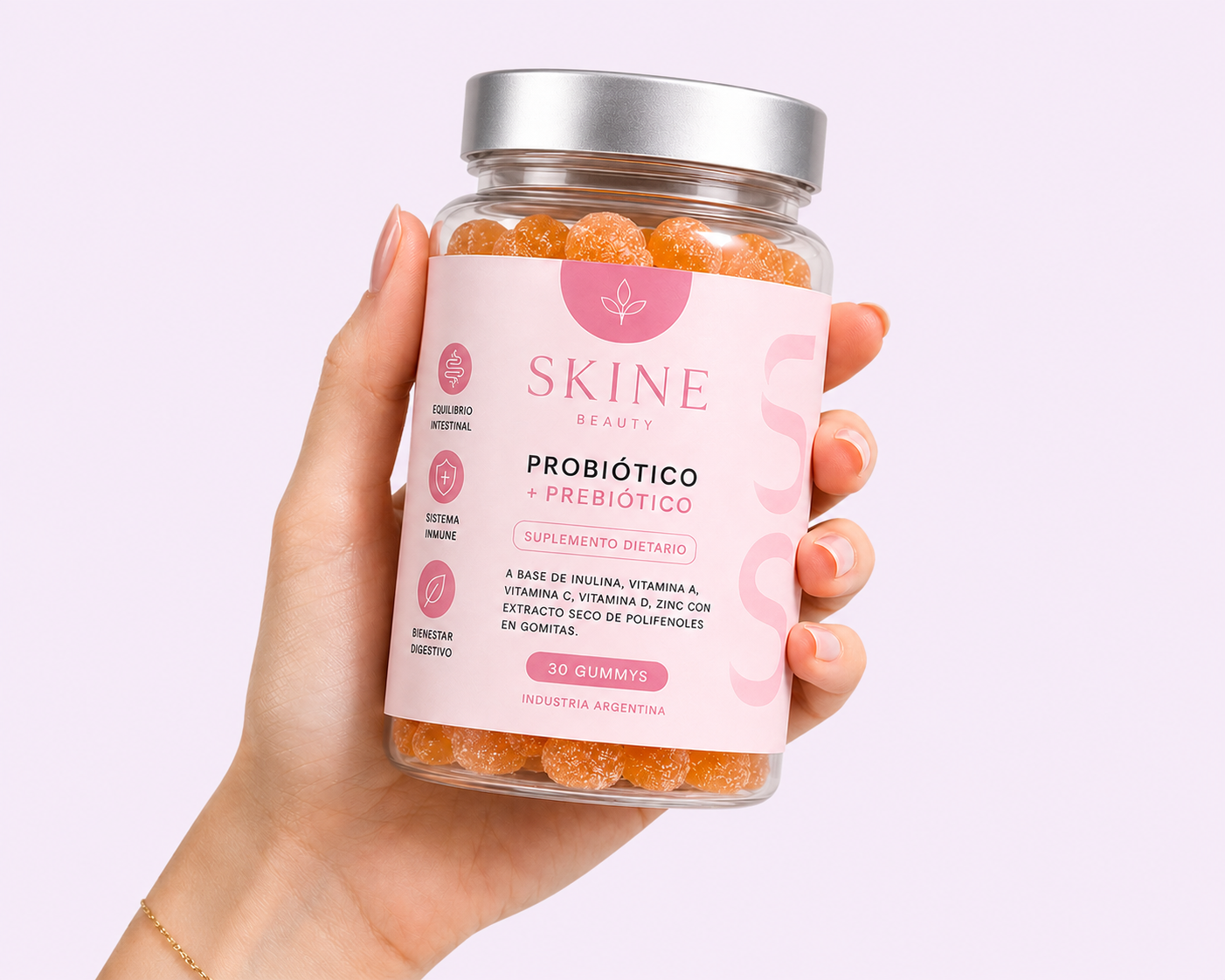 Frasco de SKINE Beauty, gomitas Probiótico + Prebiótico